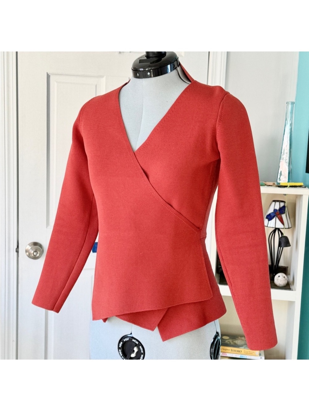 The Fold Sienna Burnt Orange Red Wrap Sculpt Knit Sweater Top Size Medium